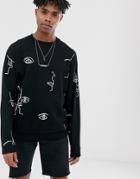Asos Design Oversized Sweatshirt With Line Drawn Faces Print In Black - Black