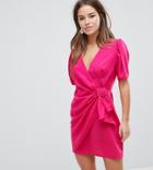 Asos Petite Puff Sleeve Mini Dress With Side Belt - Pink
