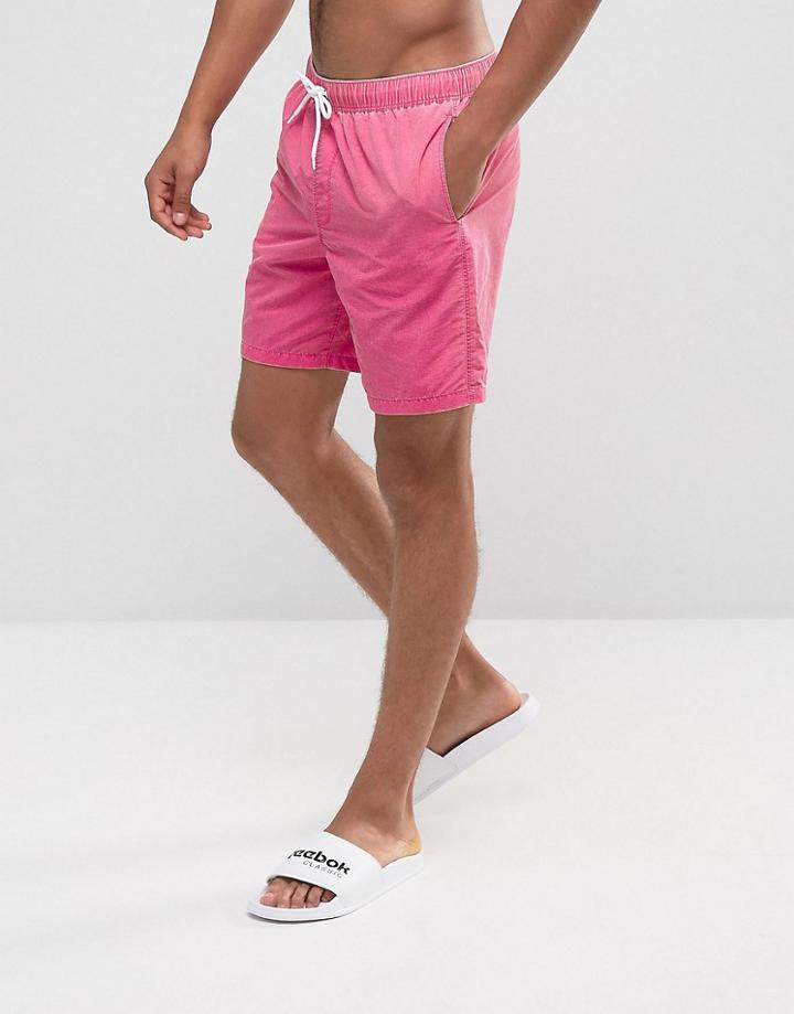 Asos Mid Length Swim Shorts In Pink Acid Wash - Pink