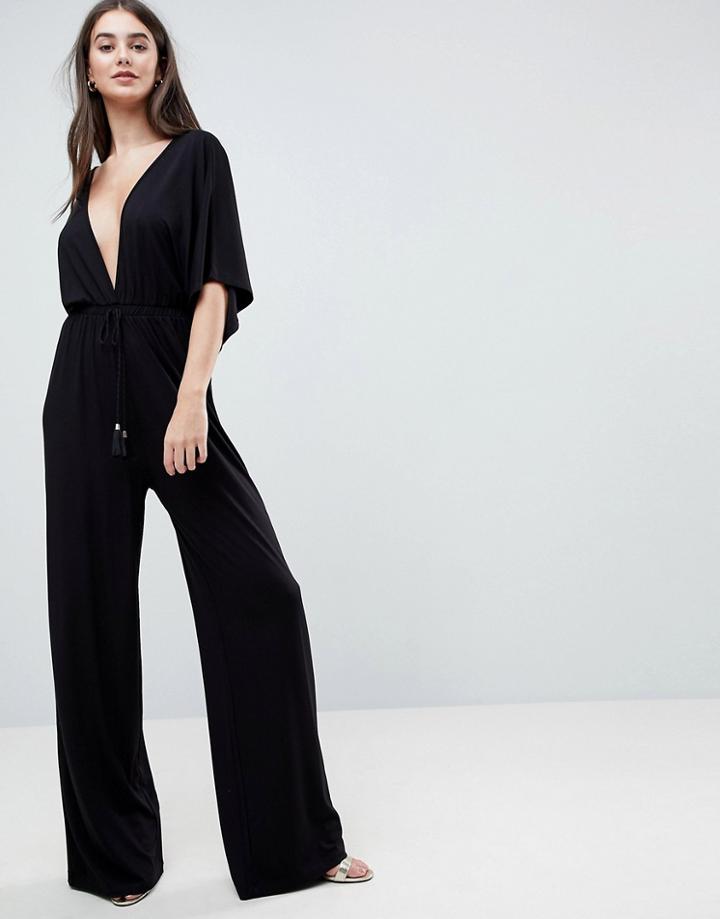 Asos Jersey Plunge Jumpsuit With Kimono Sleeve And Rope Tie - Black