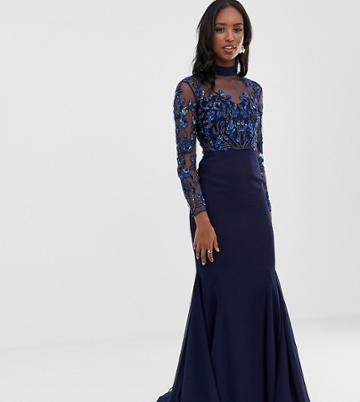 Virgos Lounge Tall Sheer Embellished Long Sleeve Maxi Dress In Navy - Navy