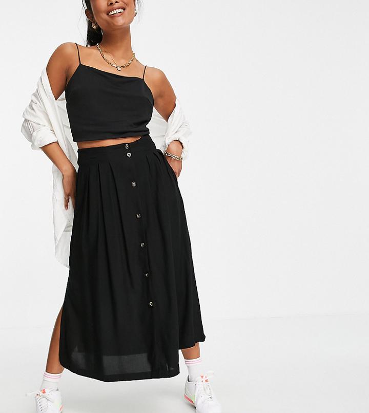 Asos Design Petite Button Through Midi Skirt With Deep Pocket Detail In Black