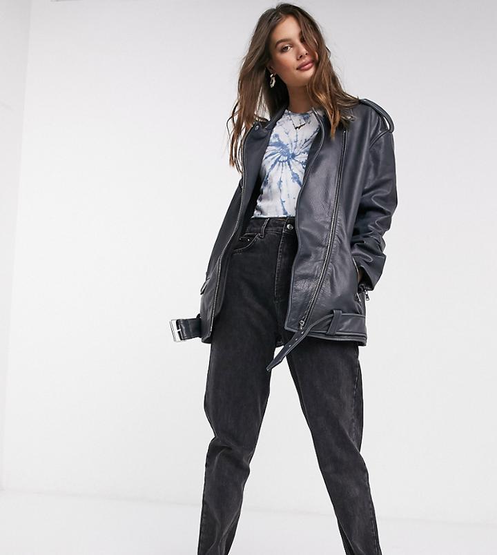 Asos Design Tall Oversized Washed Leather Biker Jacket In Black