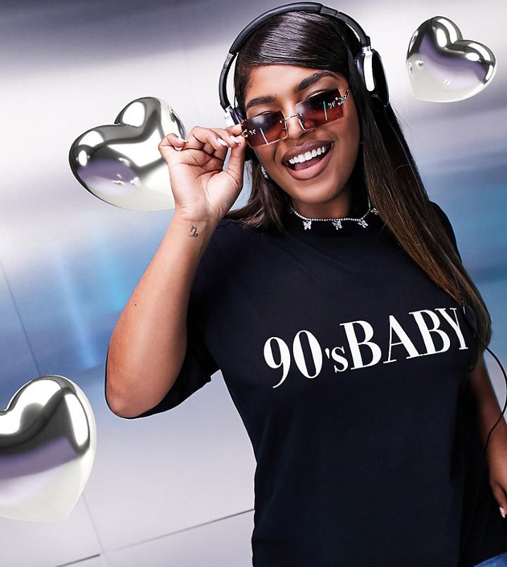 Asos Design Curve Oversized T-shirt In Black With 90s Front Graphic Print