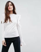 Asos Top In Crepe With Pretty Ruffle Sleeves & Cold Shoulders - Cream
