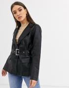 Neon Rose Belted Blazer In Faux Leather-black