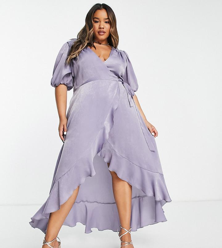Flounce London Plus Puff Sleeve Maxi Wrap Dress In Light Blue Satin