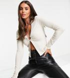 Asos Design Tall Long Sleeve Rib Top With Metal Detail In Beige-neutral