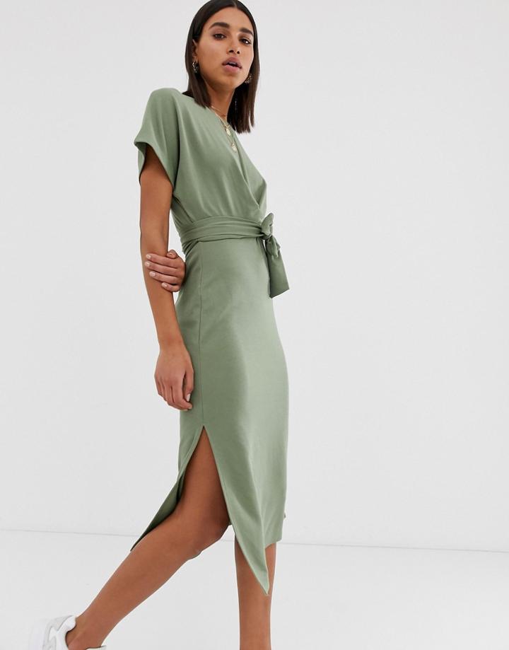 Bershka Jersey T Shirt Dress In Khaki-green
