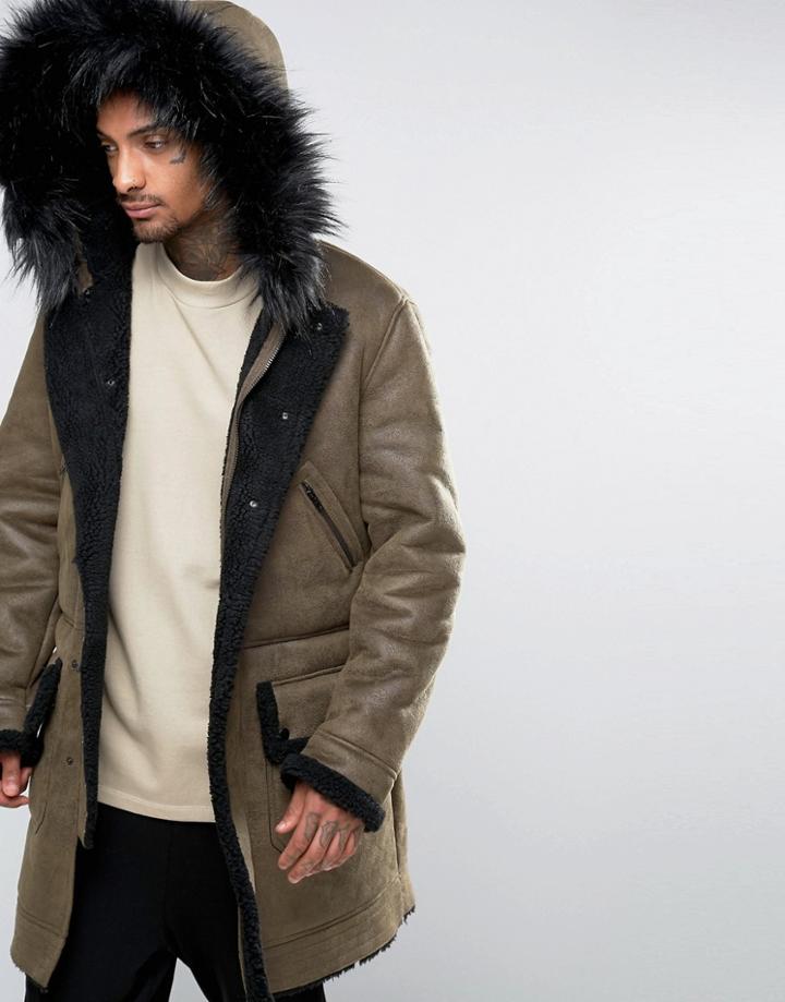 Asos Faux Shearling Parka With Hood In Khaki - Green