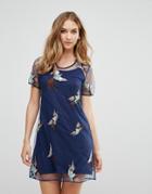 Rd & Koko Chiffon Overlay Bird Embroidery Print Mini Dress - Navy