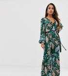 Missguided Petite Exclusive Petite Satin Wide Leg Jumpsuit In Green Paisley - Green