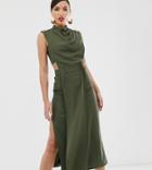 Asos Design Tall Minimal Midi Dress In Crepe With Tab Detail-green
