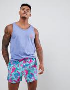 Asos Design Swim Shorts With Puffer Fish & Palm Print In Short Length - Blue