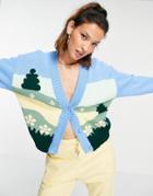 Vintage Supply Relaxed Cardigan With Scenic Print-blues