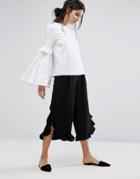 Neon Rose Wide Leg Culottes With Frill Hem - Black