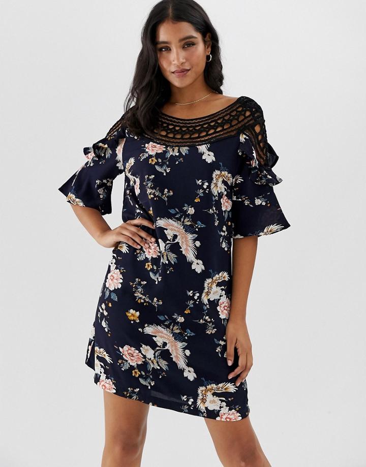 Liquorish Floral Mini Shift Dress With Crochet Insert Detail-navy