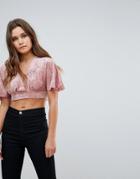 Love Crushed Velvet Crop Top With Batwing Sleeve - Pink