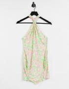 Asos Design Knot Halter Mini Dress With Split In 70s Floral Print-multi