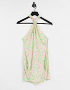 Asos Design Knot Halter Mini Dress With Split In 70s Floral Print-multi