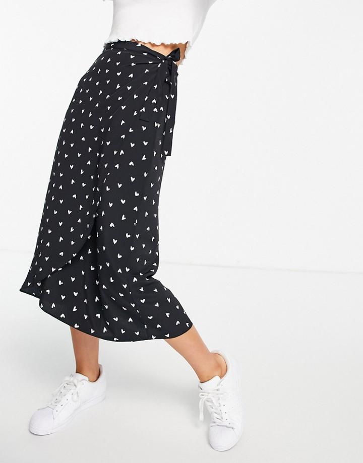 Miss Selfridge Tie Waist Wrap Skirt In Heart Print-black