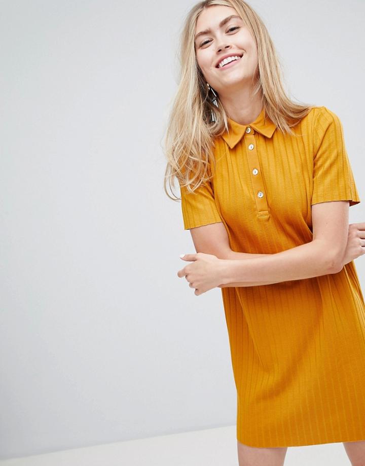 Bershka Ribbed Collared Dress In Mustard - Yellow