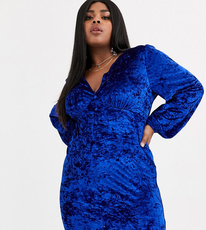 Asos Design Curve Button Through Velvet Mini Dress-blue