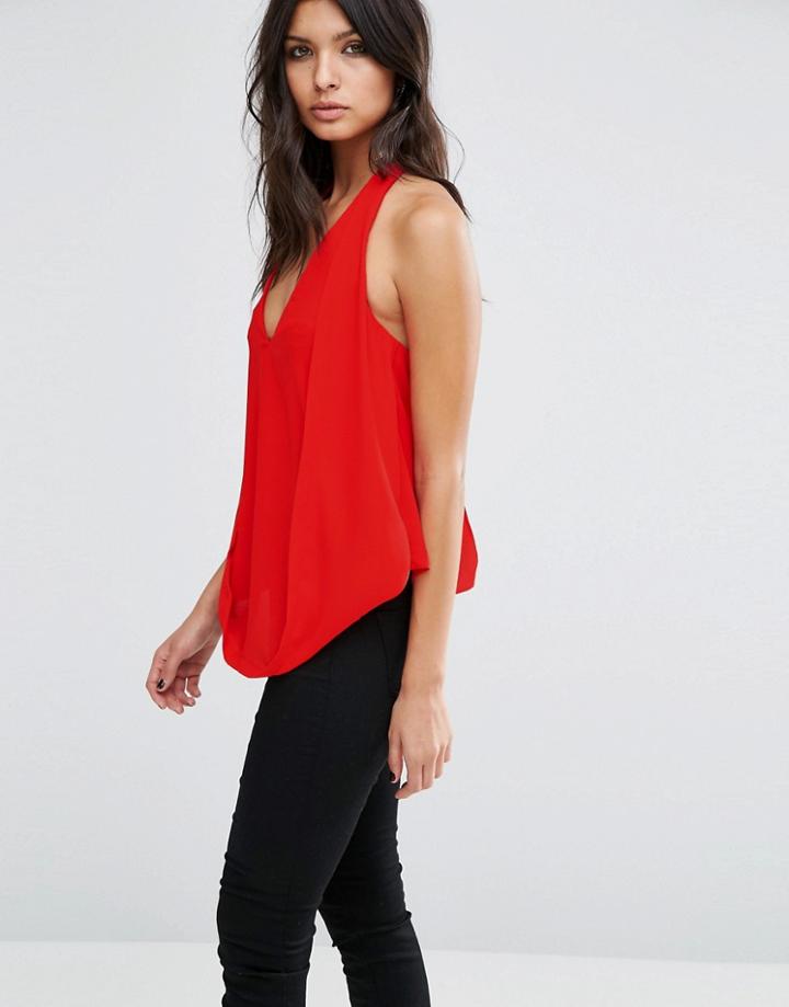 Asos Drape Plunge Halter Top With Hidden Bandeau - Red