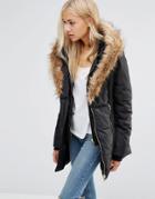 Qed London High Neck Quilted Coat With Faux Fur Trim - Black