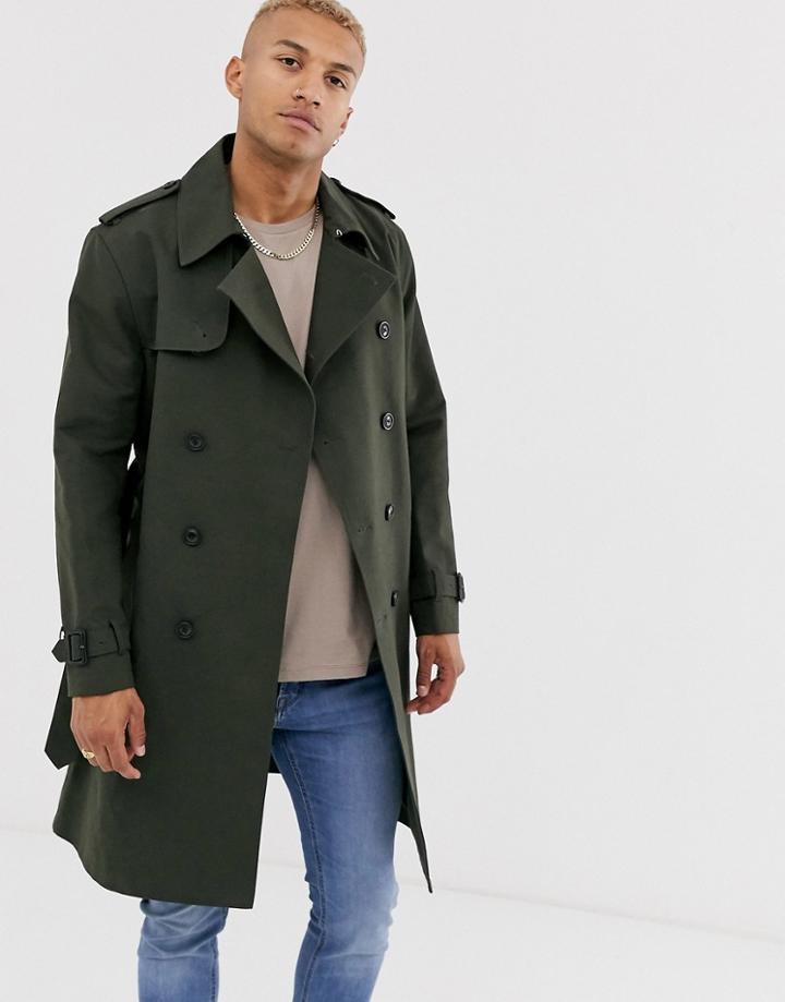 Asos Design Double Breasted Trench In Khaki-green