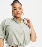 Asos Design Curve Linen Short Sleeve Shirt With Tie Front In Washed Khaki-green
