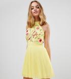 Frock And Frill Petite Embroidered Top Pleated Mini Dress - Yellow
