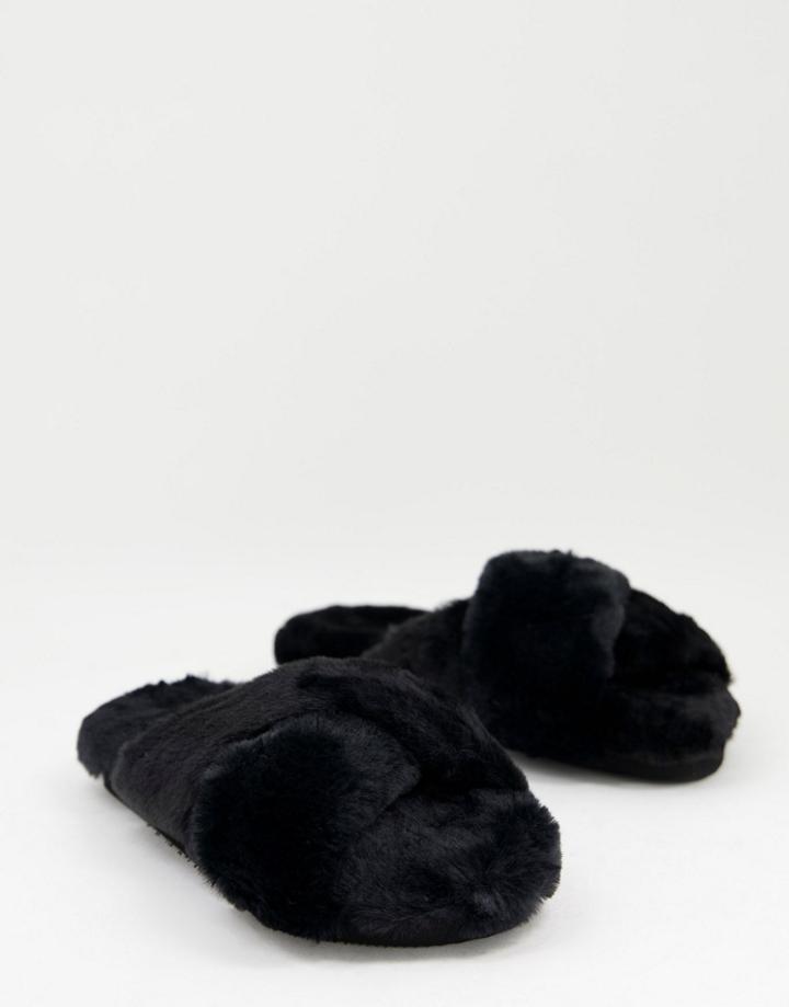Monki Recycled Polyester Faux Fur Mule Slippers In Black
