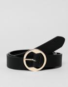 Asos Design Faux Leather Slim Belt In Black Saffiano With Gold Circle Buckle - Black