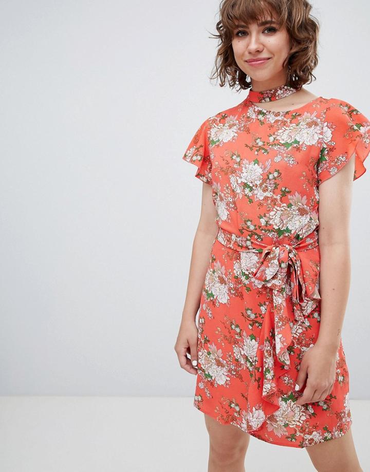 Walter Baker Frill Front Floral Print Tea Dress - Pink