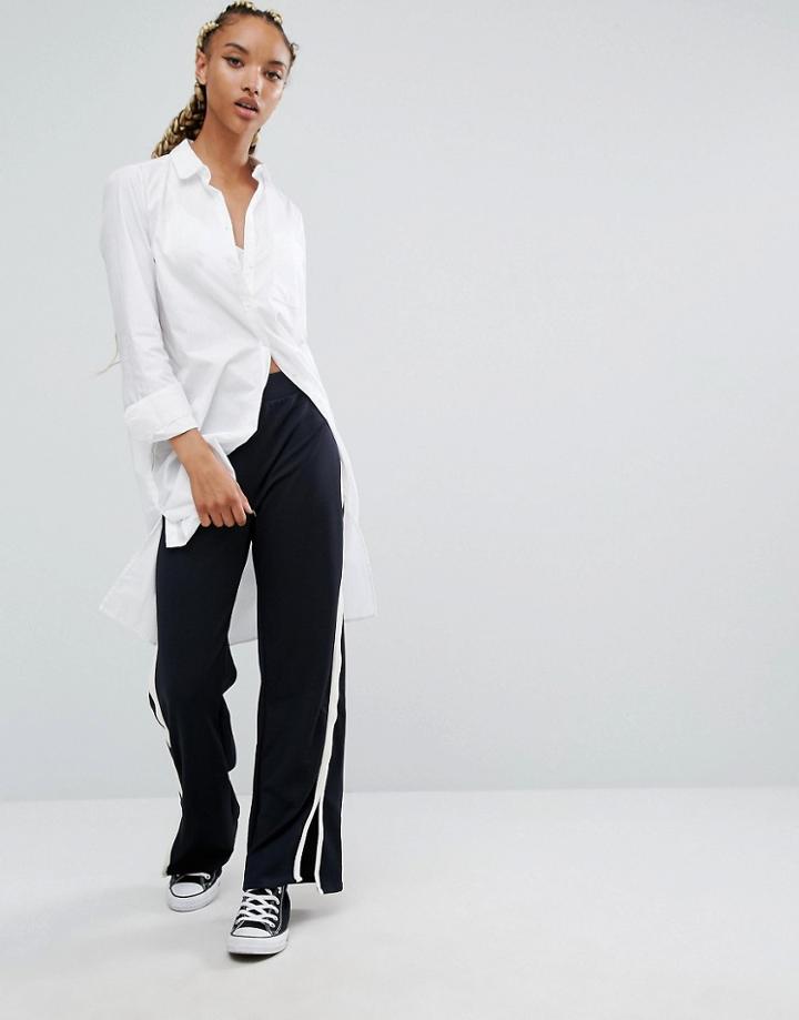Pull & Bear Slit Wide Leg Pant With Side Stripe - Blue