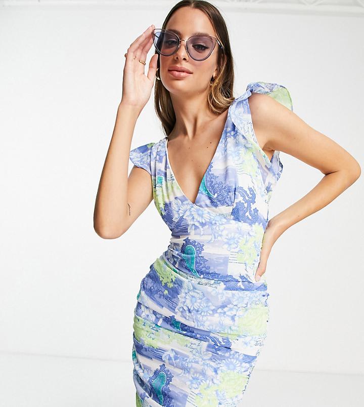 Asos Design Tall Ruched Side Cami Mini Sundress In Postcard Floral-multi