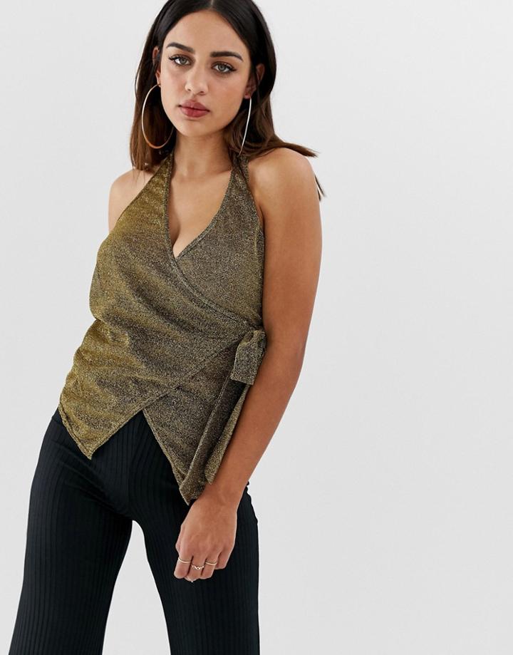 Prettylittlething Metallic Halter Wrap Top In Gold - Gold
