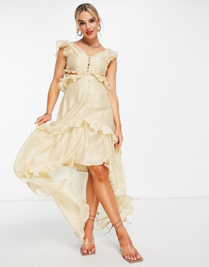 Asos Design Button Front Voile Maxi Dress With Hi-lo Hem And Cut Out Detail-white