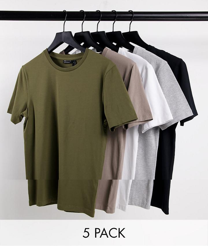 Asos Design 5 Pack Muscle Fit T-shirt With Crew Neck In Multi