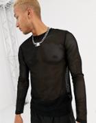 Asos Design Long Sleeve T-shirt In Black Mesh