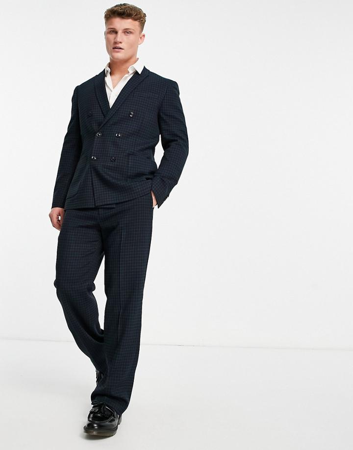 Topman Relaxed Blackwatch Check Suit Pant In Navy And Green