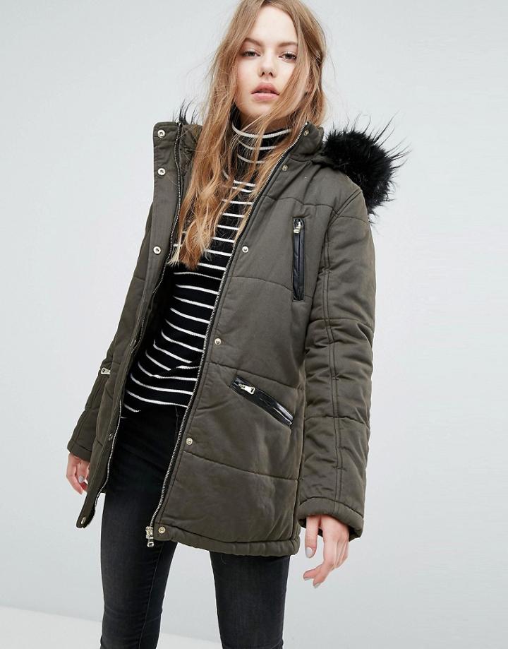 New Look Faux Fur Trim Parka Coat - Green