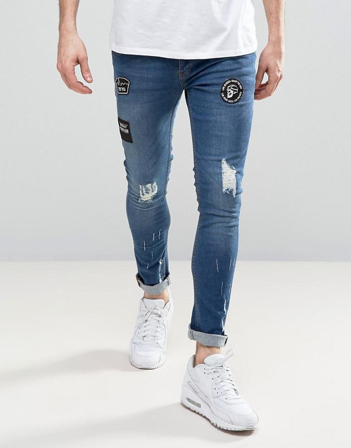 Brave Soul Dark Wash Skinny Fit Badged Jeans - Blue
