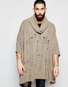 Asos Knitted Poncho With Laddering - Light Brown