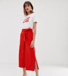 Warehouse Wide Leg Cropped Pants With Tie Belt In Red - Red