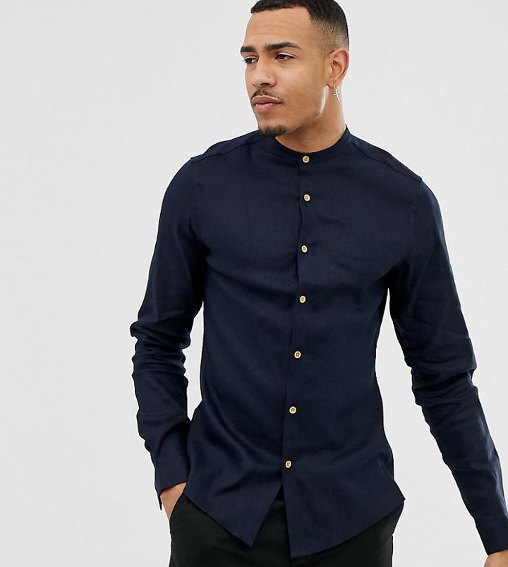 Asos Design Tall Slim Fit Linen Mix Shirt With Grandad Collar In Navy