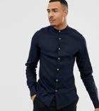 Asos Design Tall Slim Fit Linen Mix Shirt With Grandad Collar In Navy