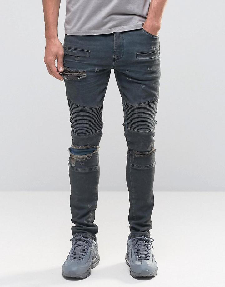 Asos Super Skinny Jeans Rip And Repair With Biker Details - Black