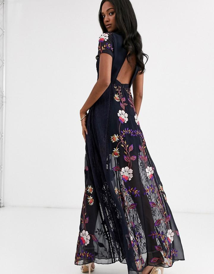 Frock & Frill Embellished Cut Out Back Short Sleeve Maxi Dress-navy